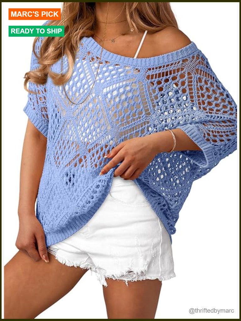 Crochet Cover Up Top Short Sleeve Off Shoulder Swimwear Beach Vacation Outfit